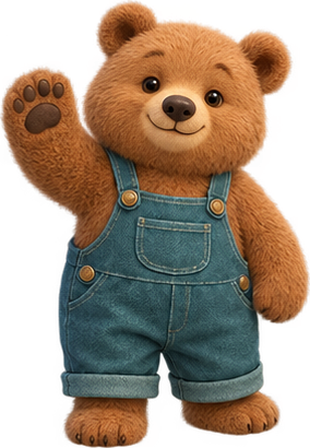 Brown bear in teal overalls